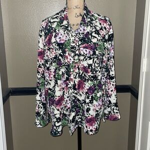J Jill XL Petite floral long sleeve button down tunic length blouse